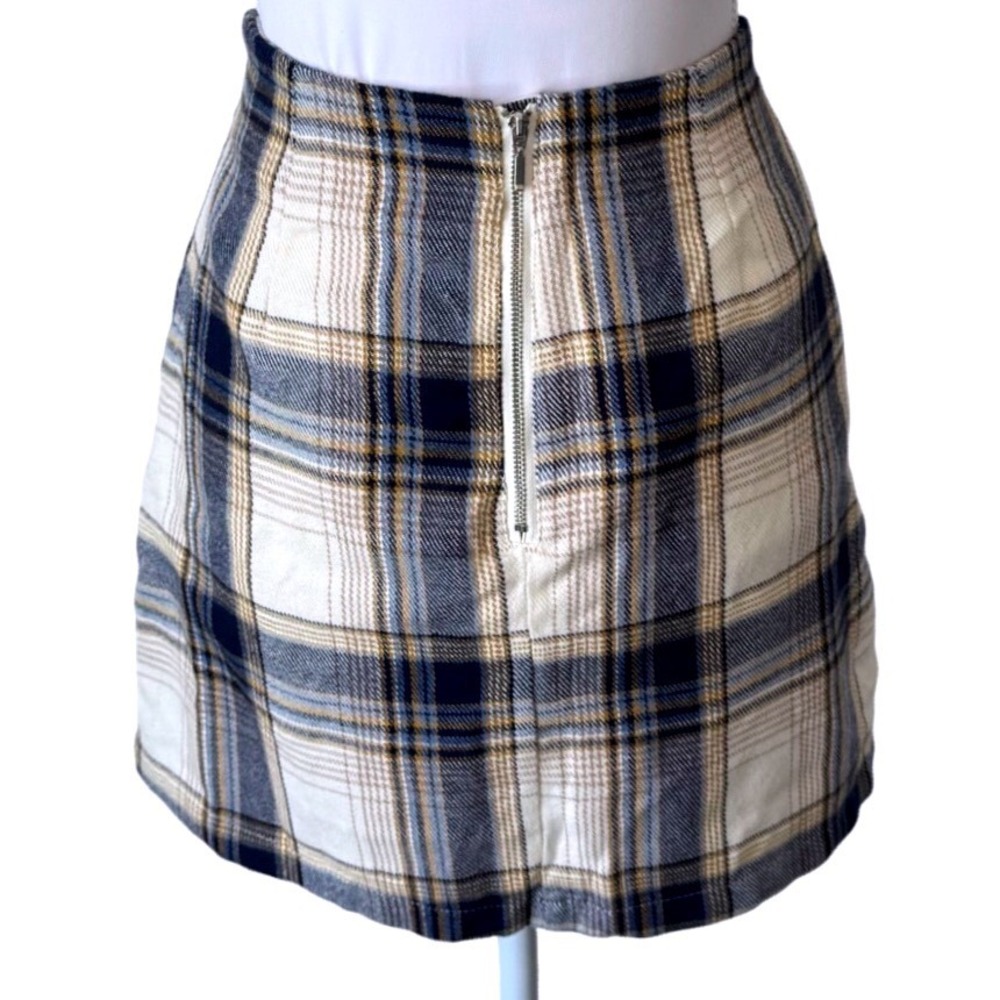Blue Rain Plaid Mini Skirt High Waisted Navy Cream Preppy Kilt 90s Small - Picture 2 of 5